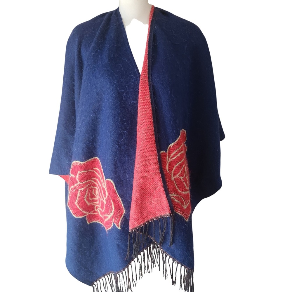 Navy Blue Red Rose Floral Reversible Poncho Wrap Fringe Trim Open Front Shawl
